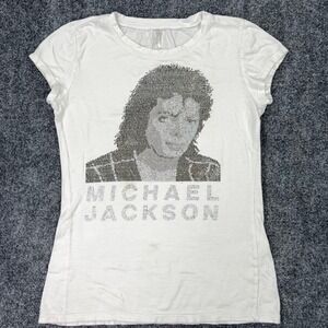 Ejel Michael Jackson Rhinestone Graphic Tee Women's XL White MISSING STONES